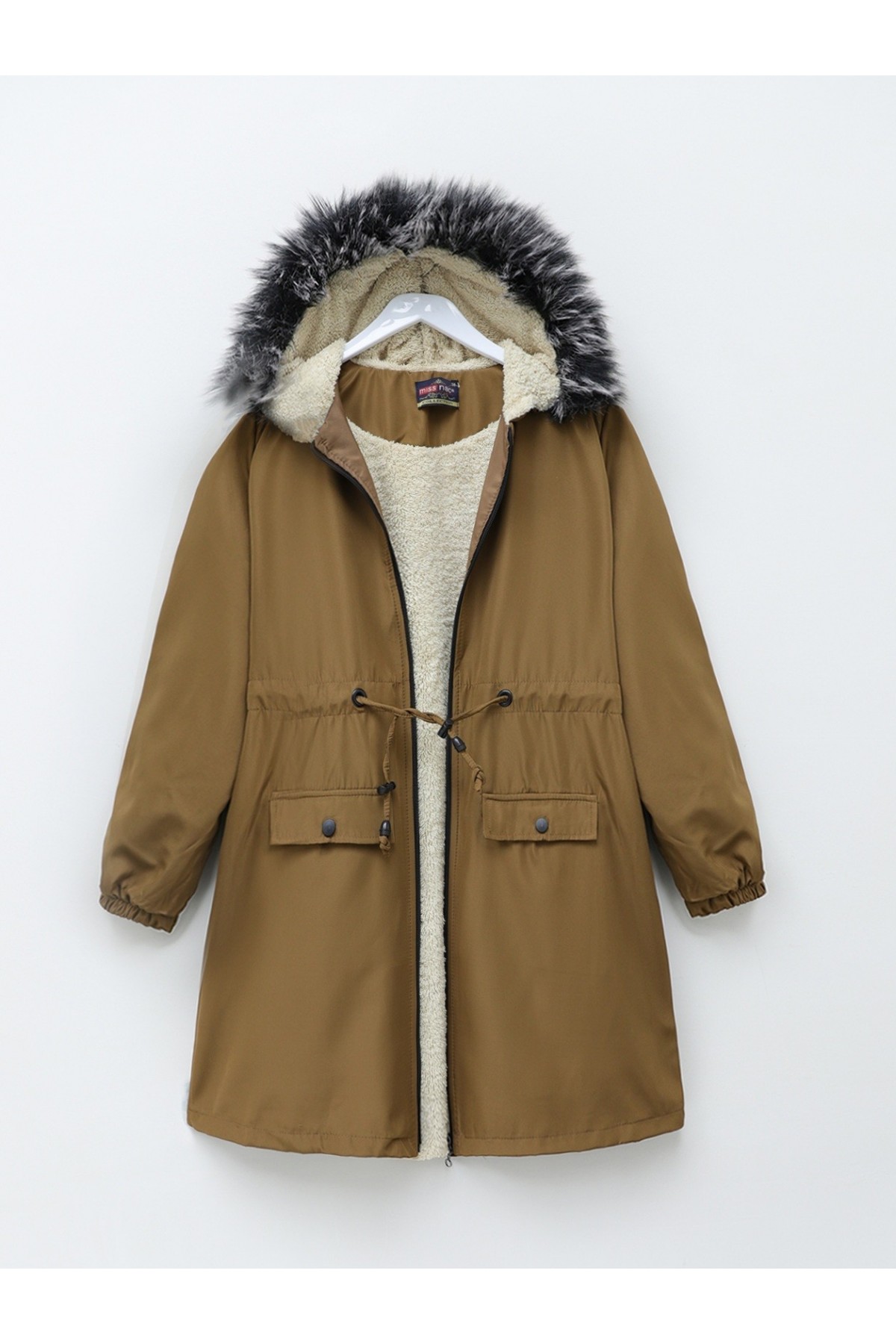 Sabit Kapşonlu İçi Kürklü Bondit Kaban -Taba