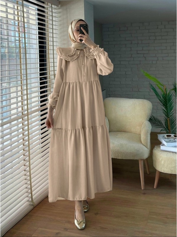 Bebe Yaka Fırfırlı Parçalı İthal Keten Elbise -Vizon