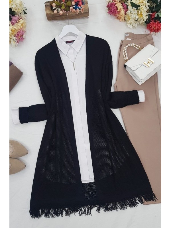 Eteği Püsküllü Fileli Hırka -Siyah