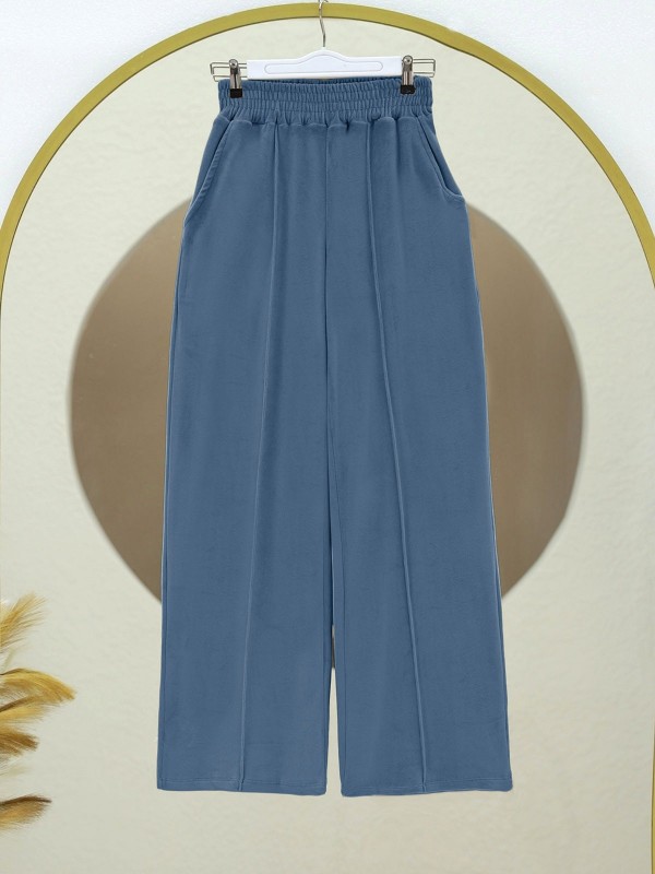 Çımalı Beli Lastikli Kadife Pantolon -Mavi