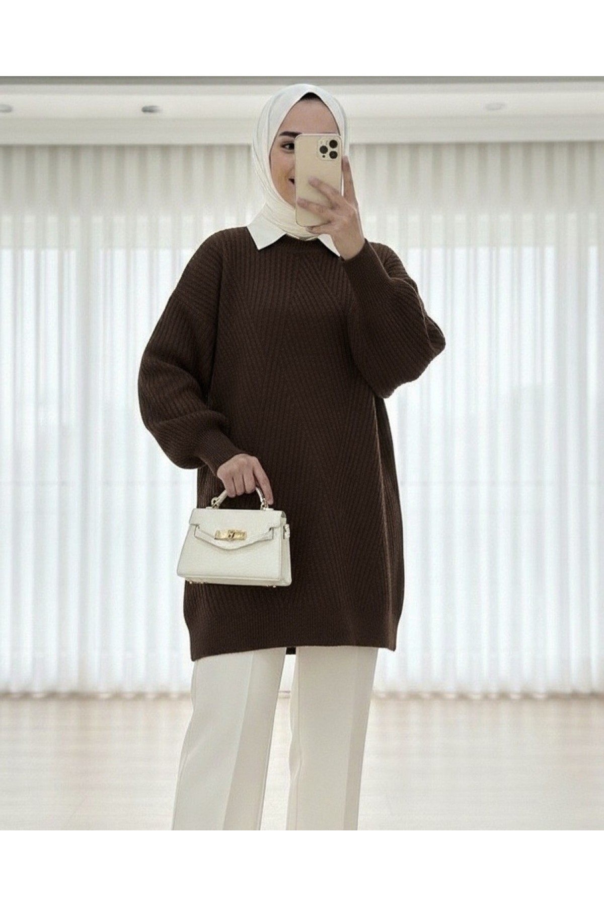 Bisiklet Yaka Baklava Desen Triko Kazak             -K. Kahve