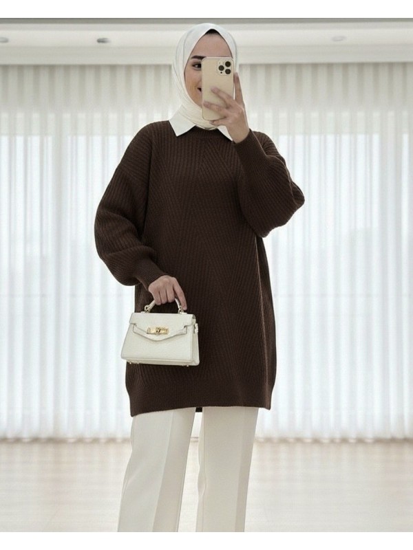 Bisiklet Yaka Baklava Desen Triko Kazak             -K. Kahve