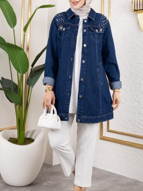 Taş İşlemeli Yıkamalı Kot Ceket   -Laci