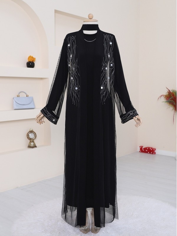 Önü Ve Manşeti Taşlı Abaya  -Gümüş