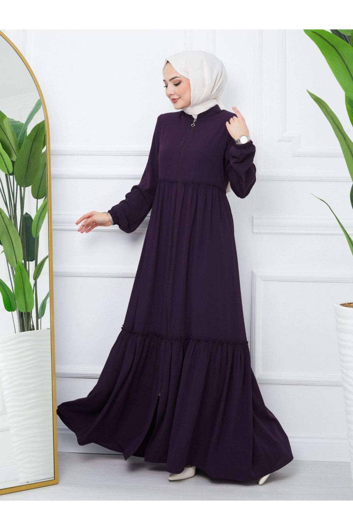 Parçalı Kolu Lastikli Boydan Fermuarlı Ferace -Mor