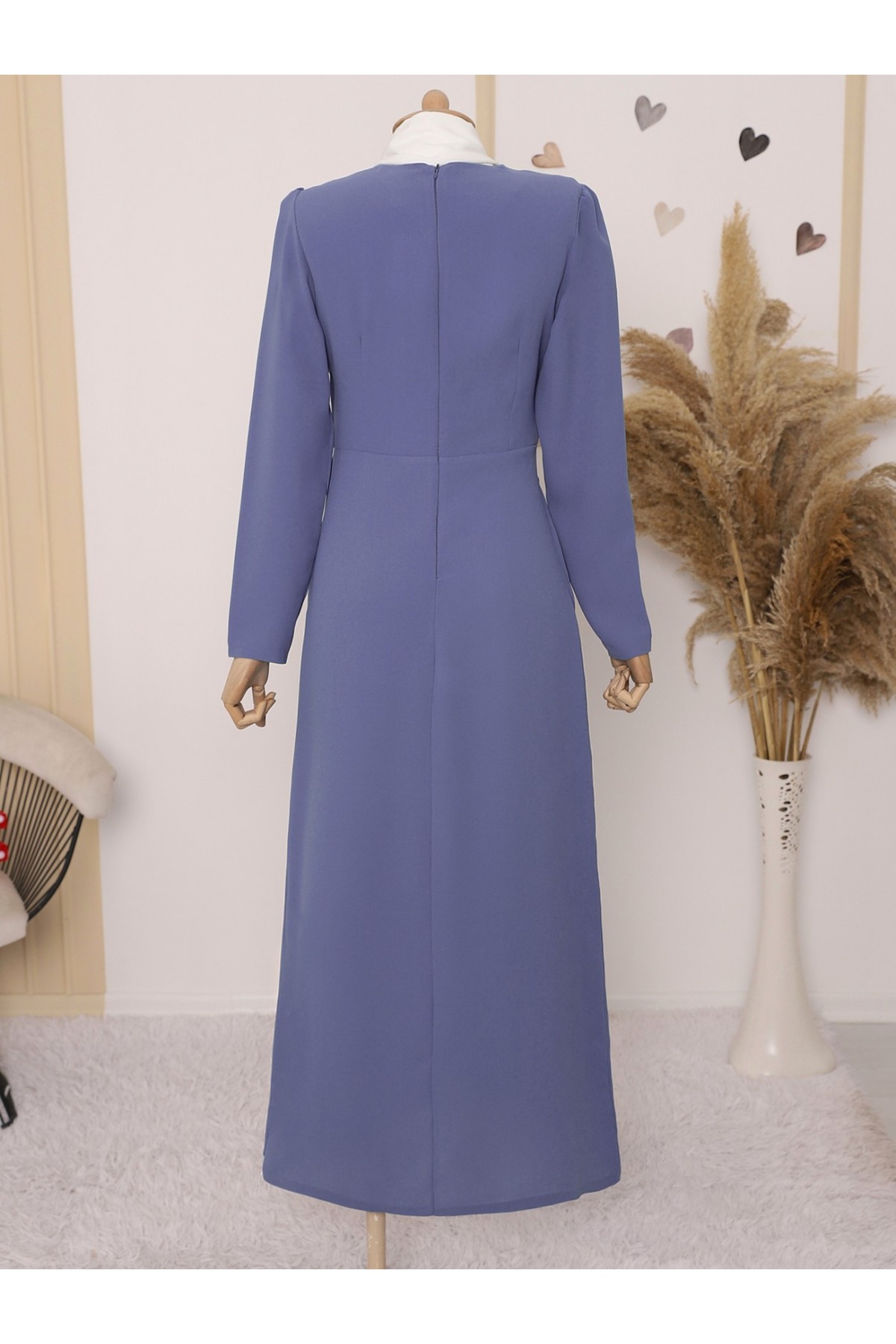 Önü Allerli Eteği Asimetrik Krep Elbise      -İndigo