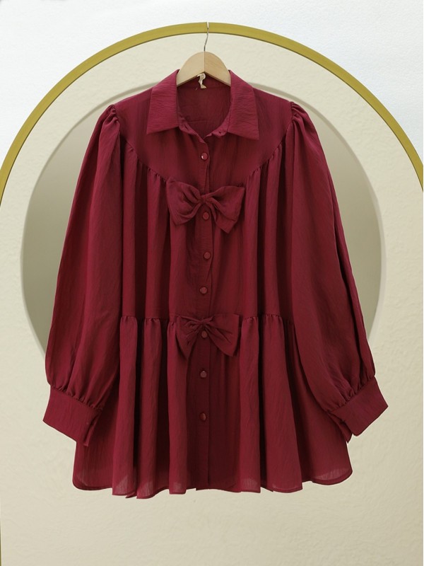 Önü Fiyonk Detaylı Parçalı Gömlek  -Bordo