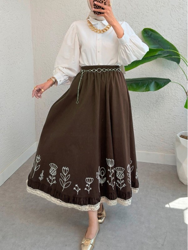 Dantel İşlemeli Beli Lastikli Etek  -Kahve