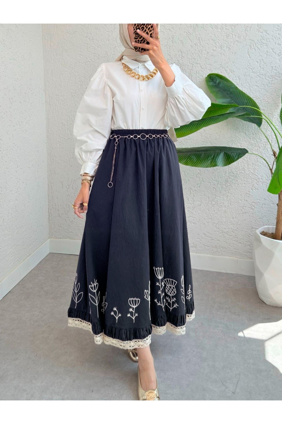 Dantel İşlemeli Beli Lastikli Etek  -Laci