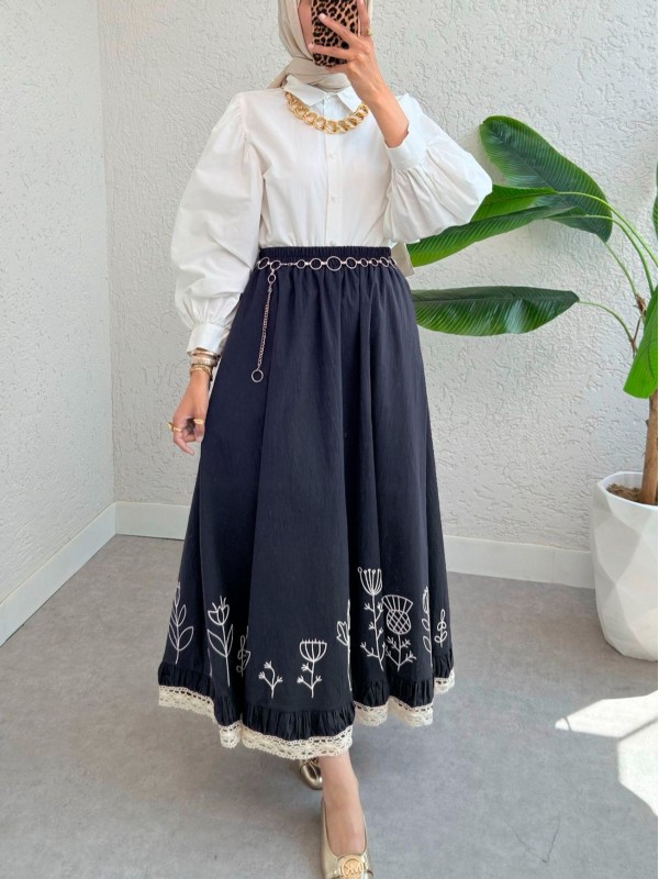 Dantel İşlemeli Beli Lastikli Etek  -Laci