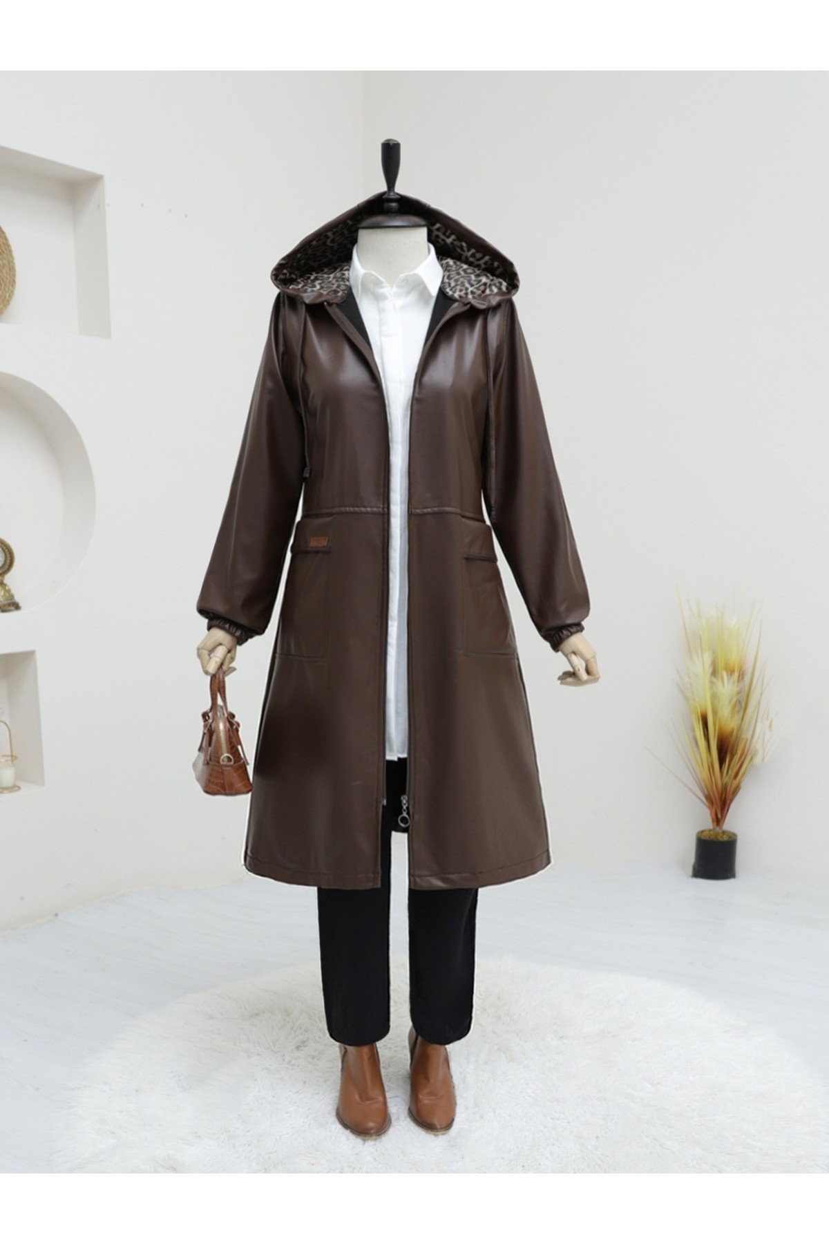 Torba Cepli Fermuarlı Suni Deri Kap -Kahve