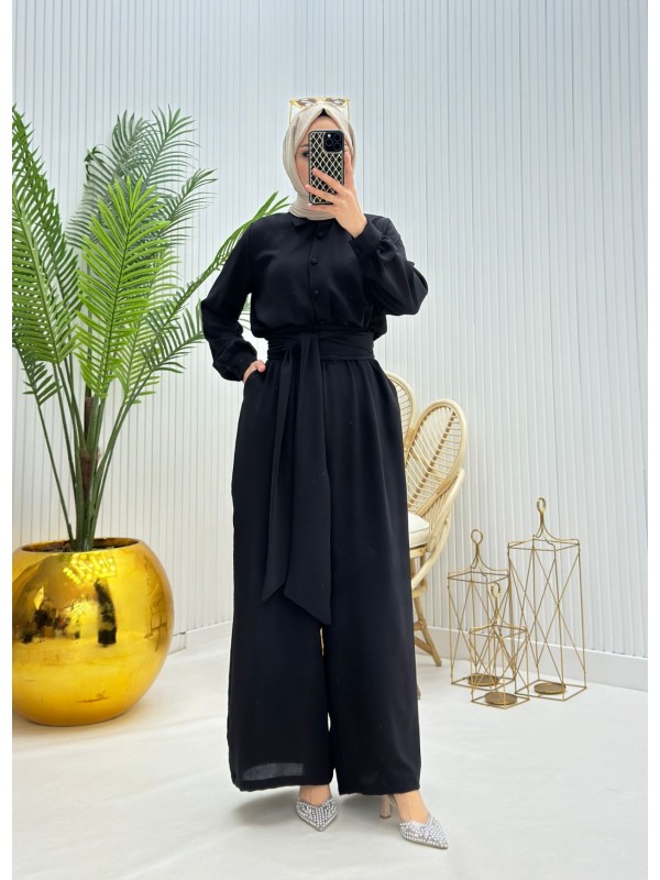 Yarım Düğmeli Kemerli Beli Lastikli Tulum -Siyah