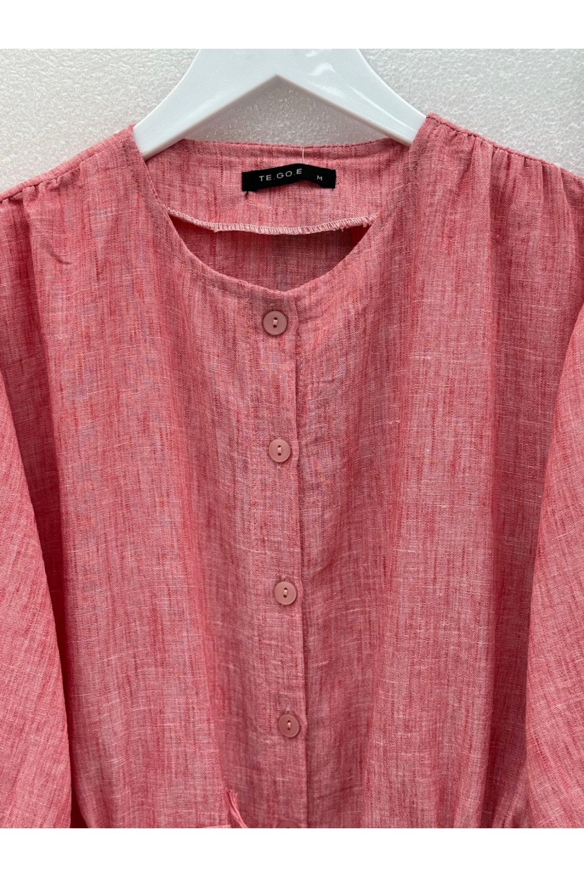 Önü Düğmeli Kolu Lastikli Tünel Bağcıklı Keten Takım -Nar Çiçeği