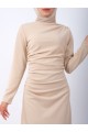 Kayık Yaka Yandan Drapeli Örme Krep Elbise -Bej