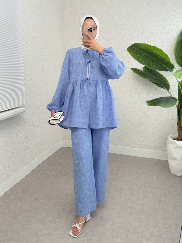 Önü Bağlamalı Parçalı Kolu Lastikli Takım  -Mavi