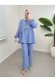Önü Bağlamalı Parçalı Kolu Lastikli Takım  -Mavi