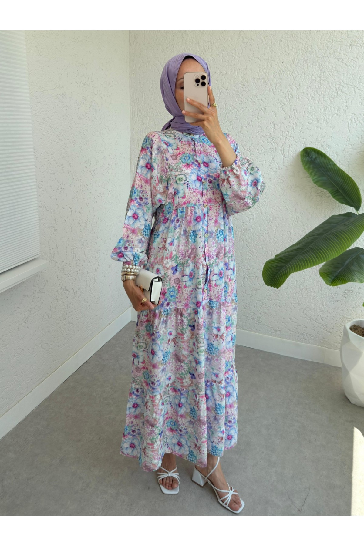 Yarım Düğmeli Kolu Lastikli Desenli Elbise  -Nar Çiçeği