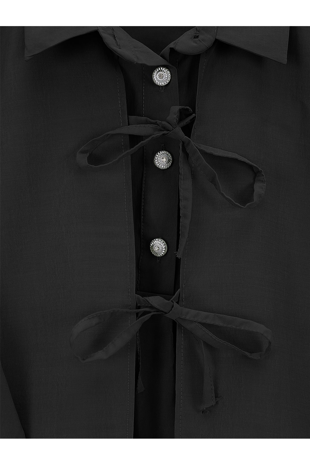 Yelek Detaylı Düğmeli Arkası Uzun Bağcıklı Gömlek -Siyah