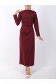 Kayık Yaka Yandan Drapeli Örme Krep Elbise -Bordo