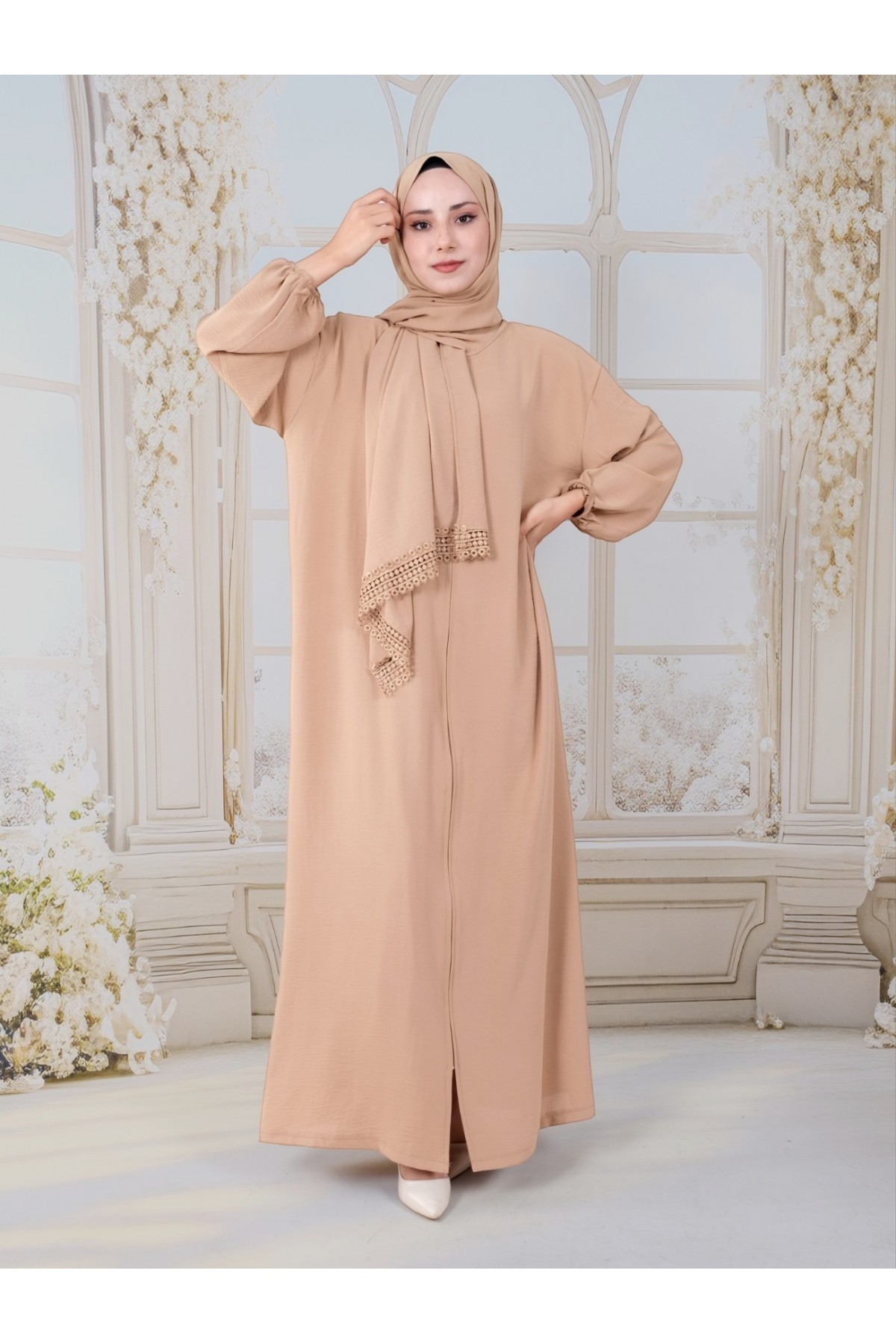 Kendinden Şallı Boydan Fermuarlı İthal Krep Namazlık -Vizon