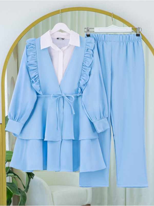 Önü Fırfırlı Bağcıklı Eteği Katlı Pantolonlu Kimono Takım    -Bebe Mavi
