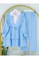 Önü Fırfırlı Bağcıklı Eteği Katlı Pantolonlu Kimono Takım    -Bebe Mavi