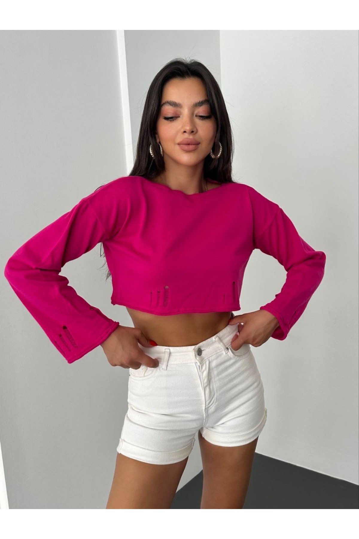 Kayık Yaka Triko Crop -Fuşya