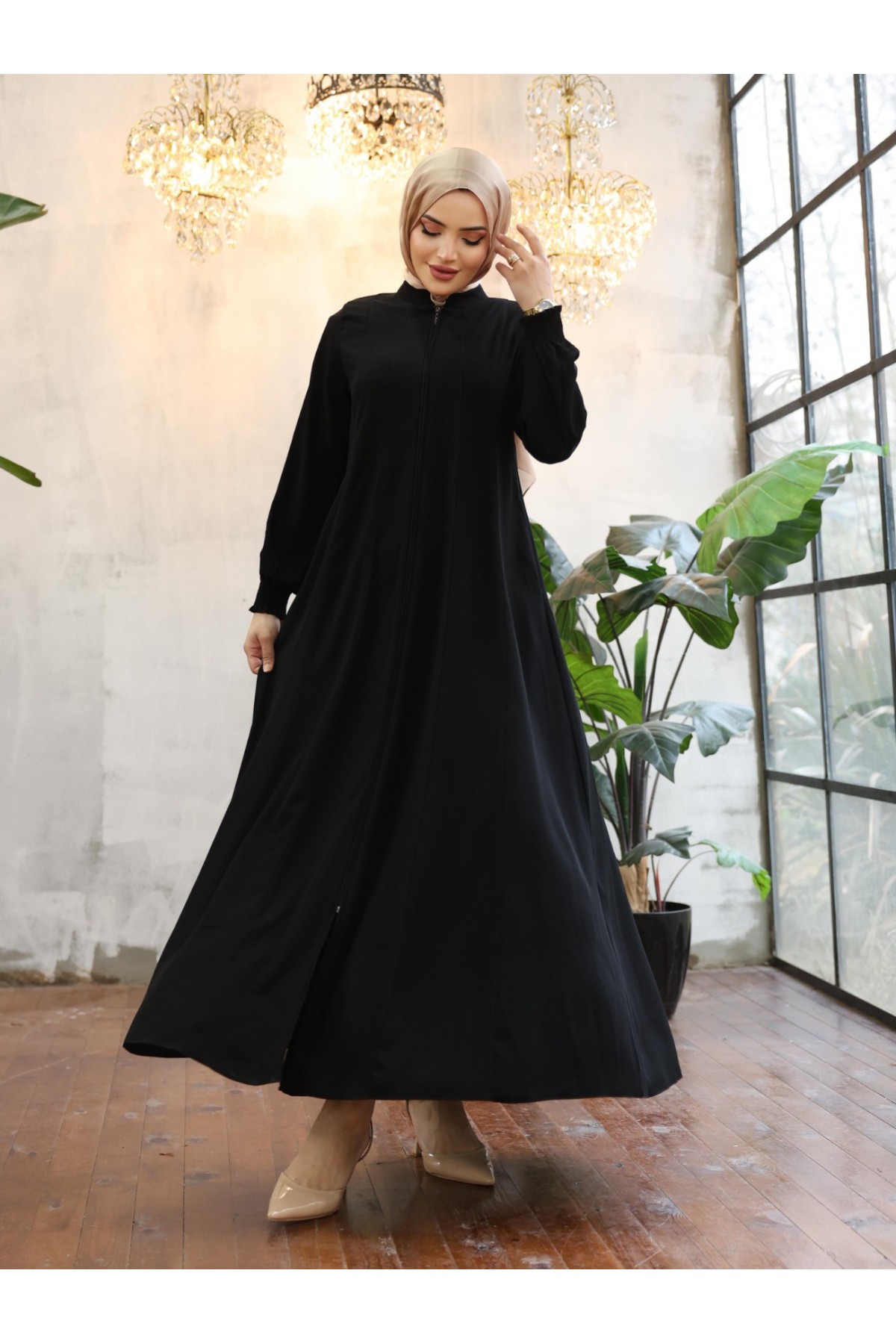 Yan Cepli Boydan Fermuarlı Kolu Lastikli Ferace -Siyah