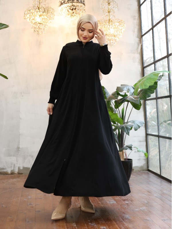 Yan Cepli Boydan Fermuarlı Kolu Lastikli Ferace -Siyah