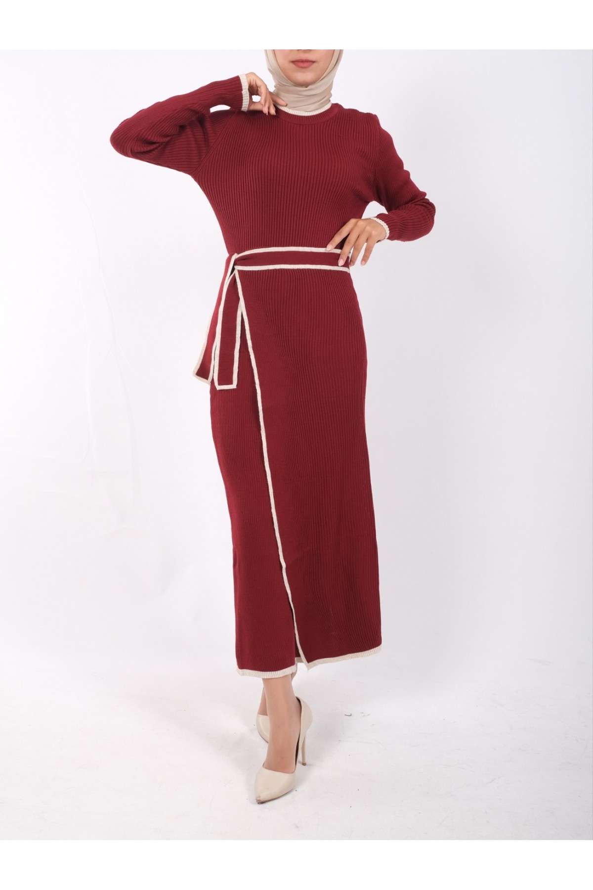 Yandan Bağlamalı Etekli Alerli Triko Elbise -Bordo