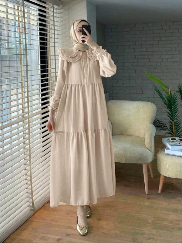 Bebe Yaka Fırfırlı Parçalı İthal Keten Elbise   -Bej