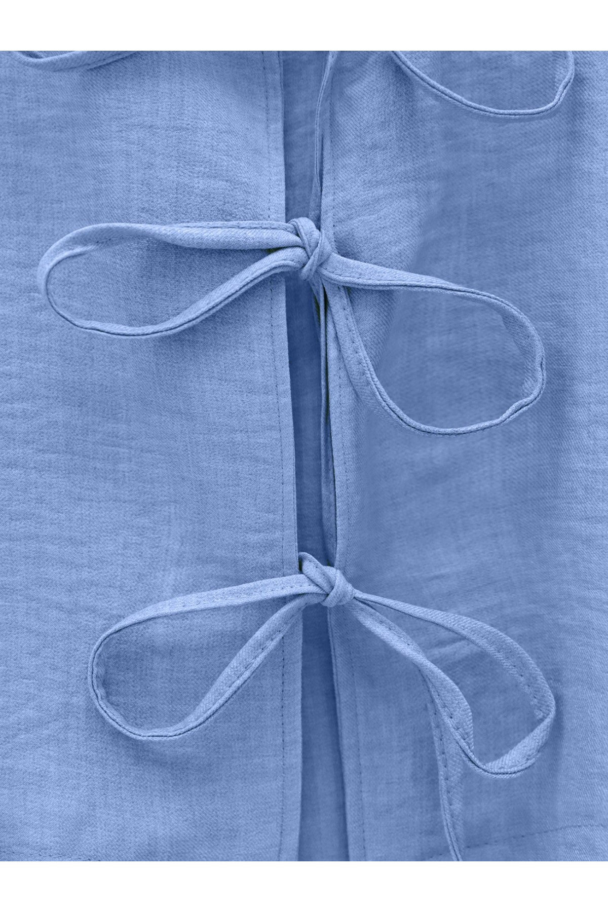 Önü Bağcıklı Beli Lastikli Etekli Keten Takım -Açık Mavi