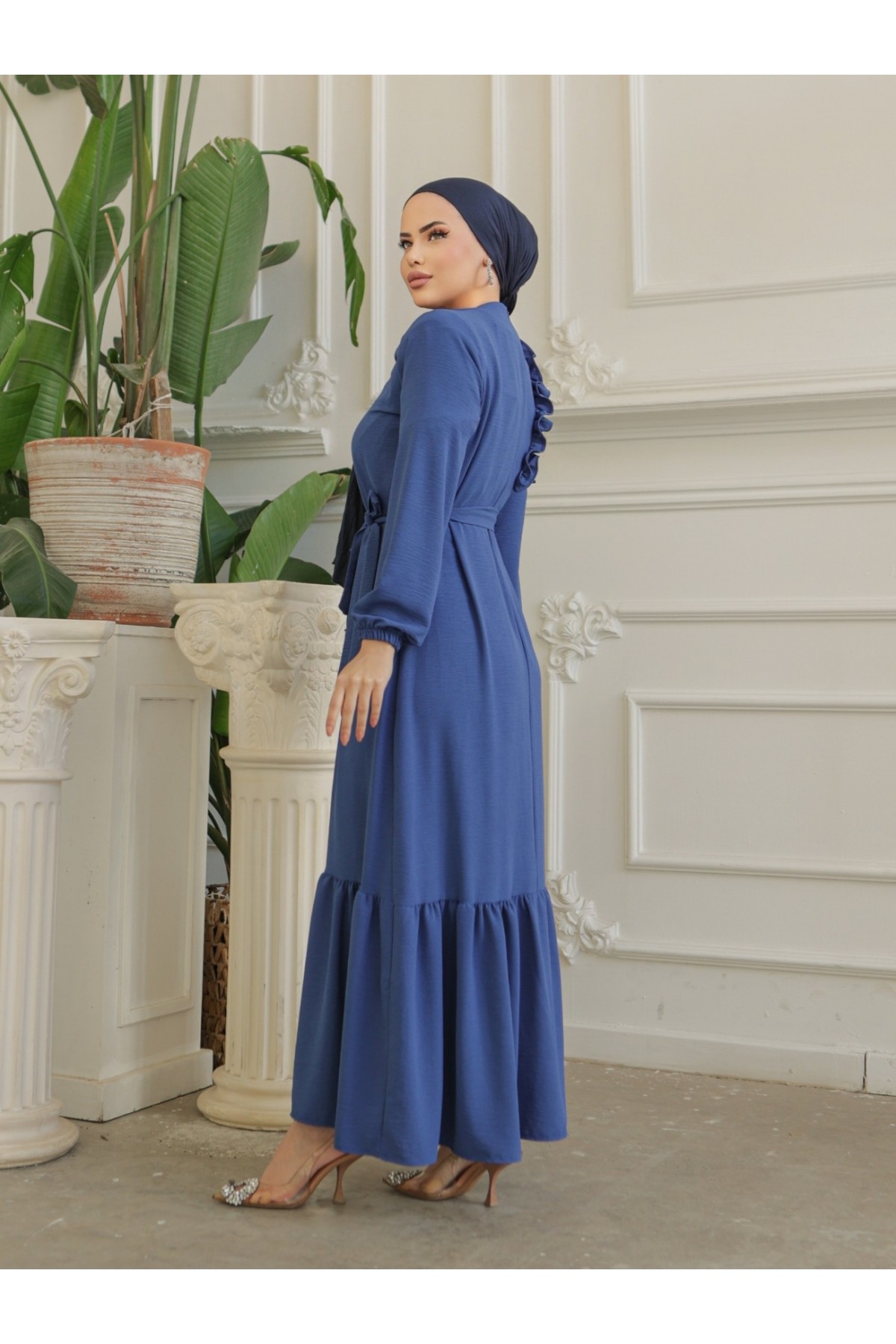Fırfır Taş Detaylı Parça Eteklii Kemerli Ayrobin Elbise -İndigo