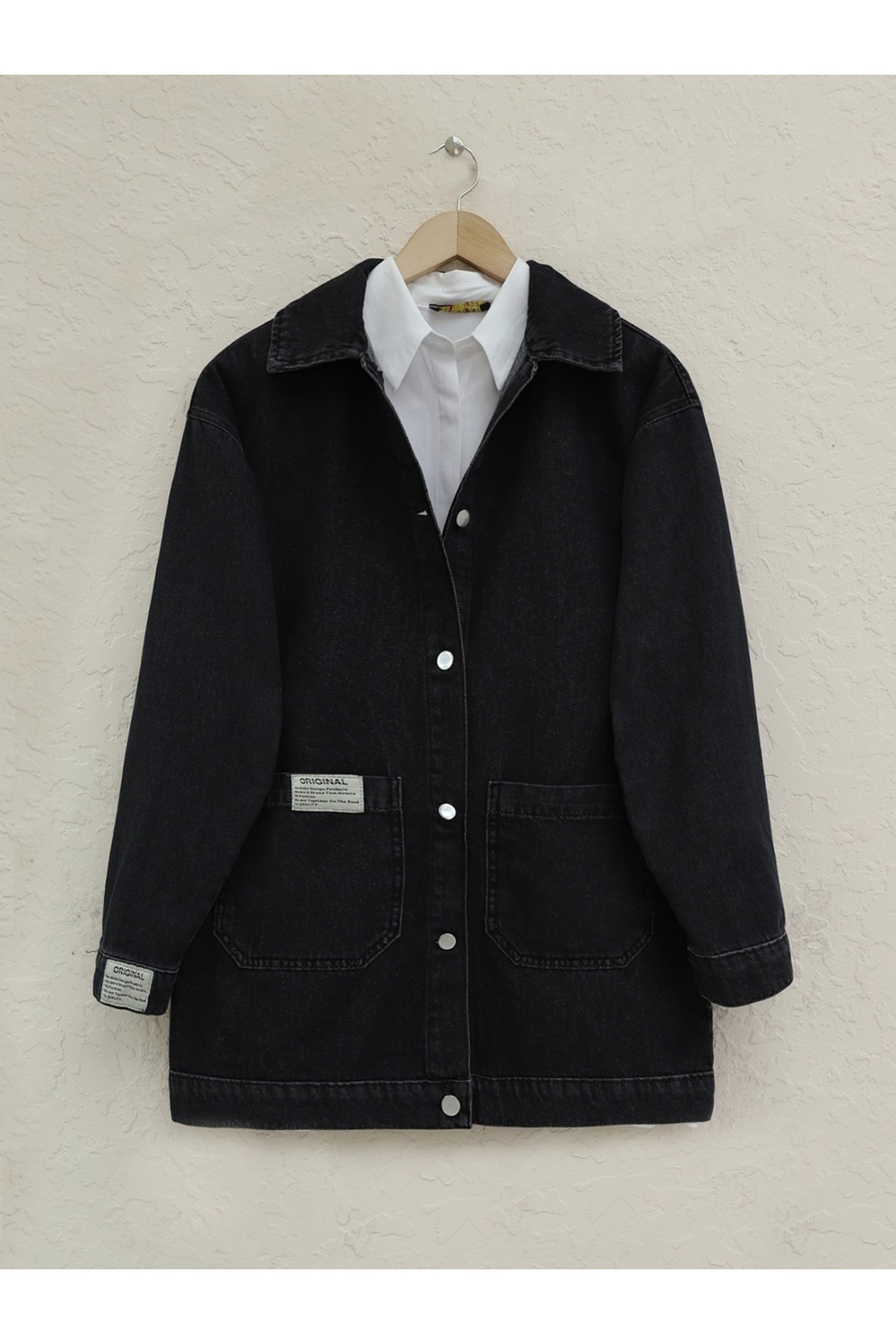 Torba Cepli Düğmeli Kot Ceket -Siyah