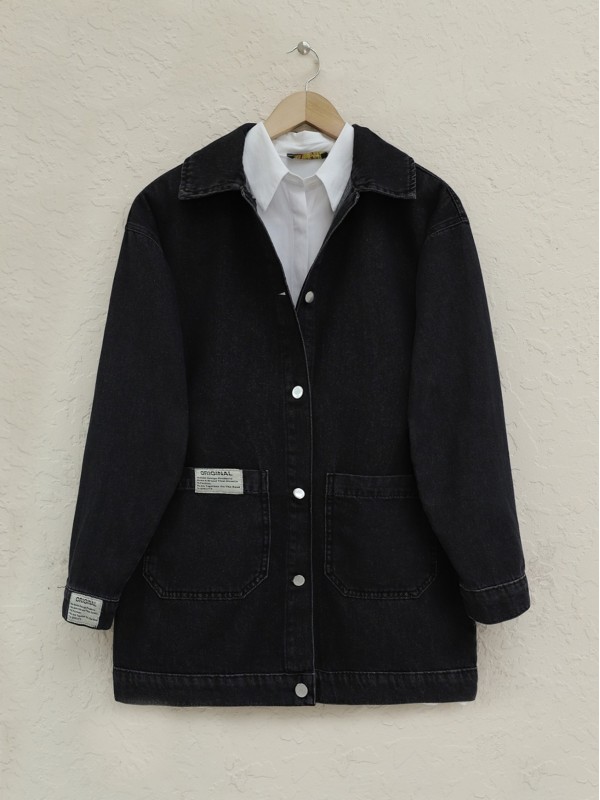 Torba Cepli Düğmeli Kot Ceket -Siyah