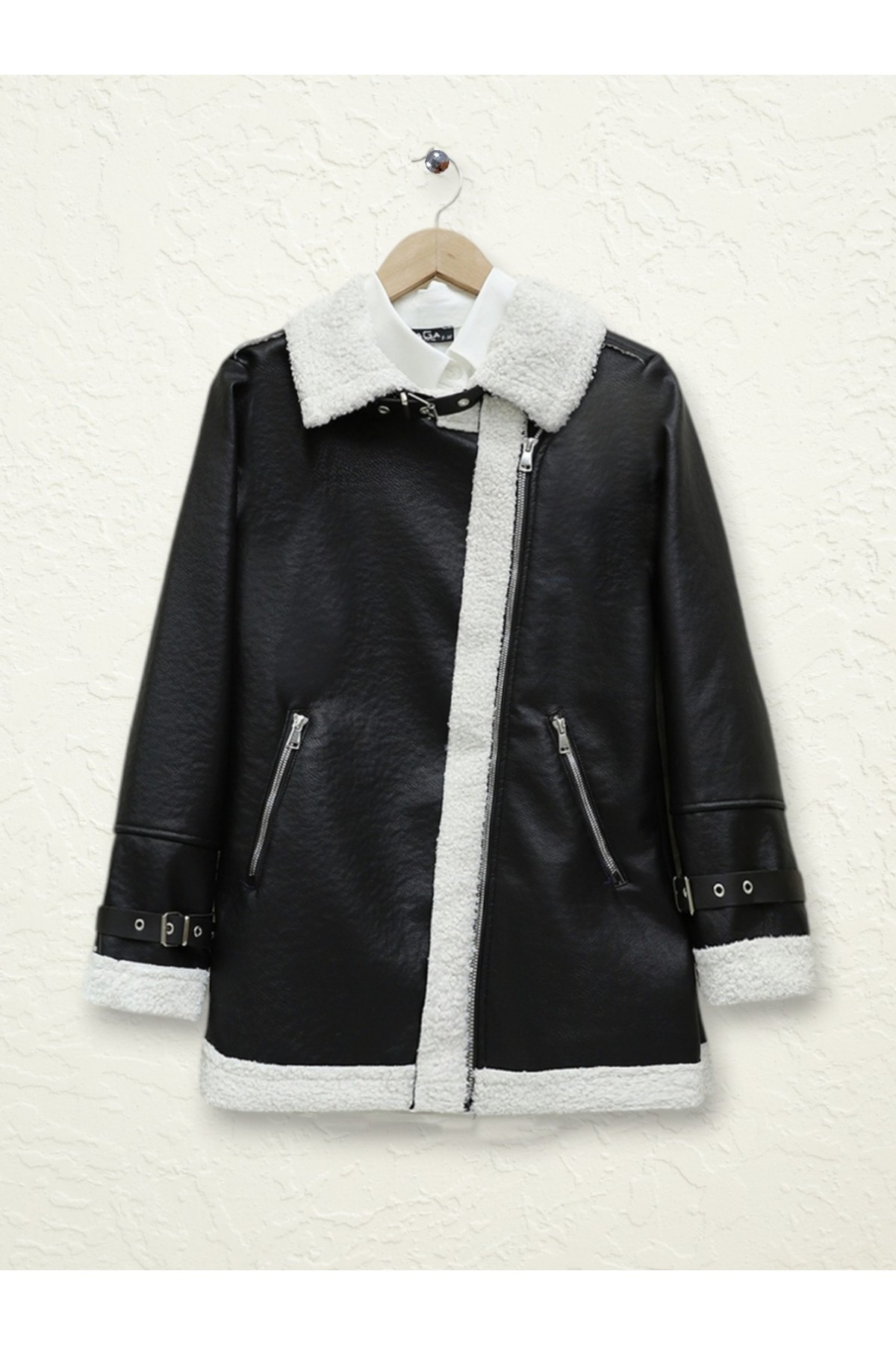 Fermuarlı İçi Peluşlu Deri Ceket -Ekru
