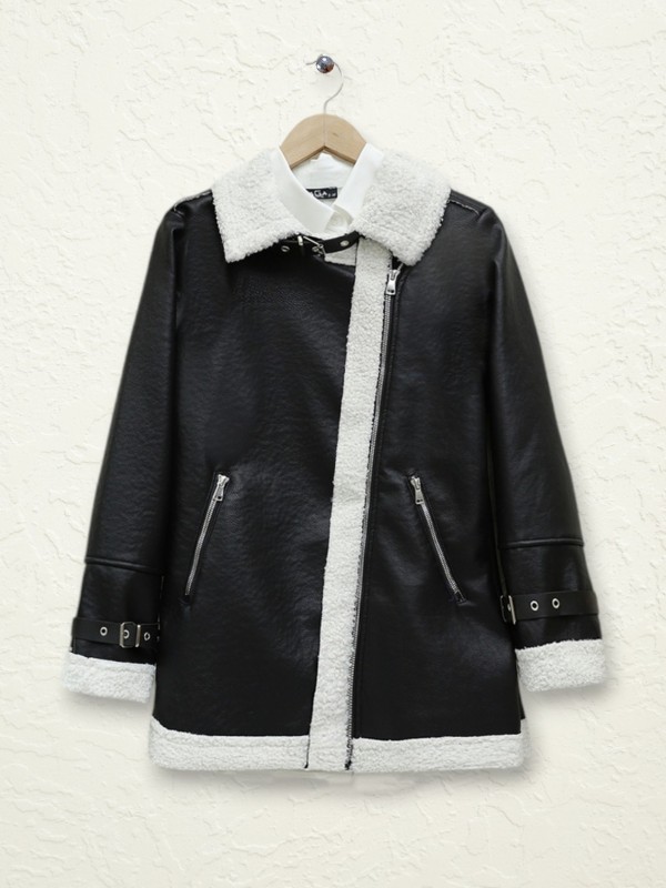 Fermuarlı İçi Peluşlu Deri Ceket -Ekru