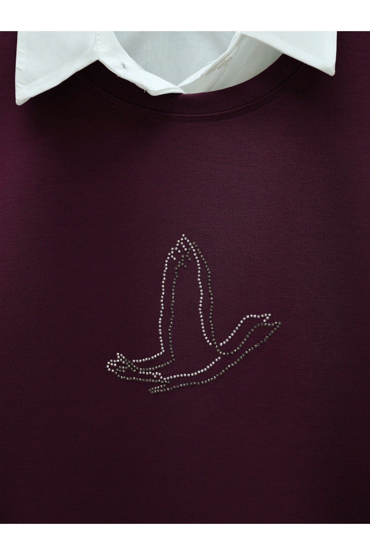 Kuş Desenli Taşlı Oysho Tunik  -Bordo