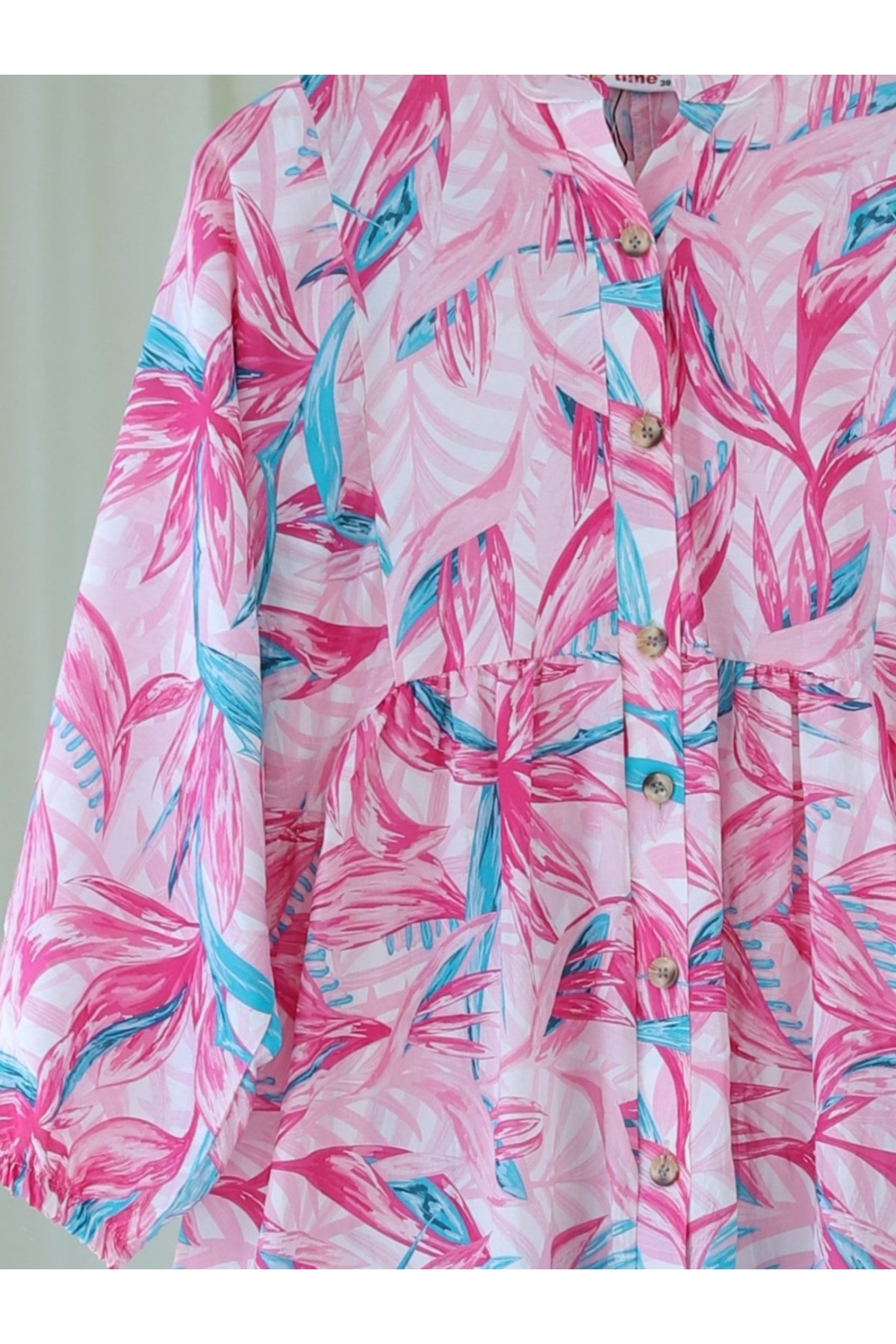 Çiçek Desenli Parçalı Kolu Lastikli Yarım Düğmeli Elbise -Mürdüm