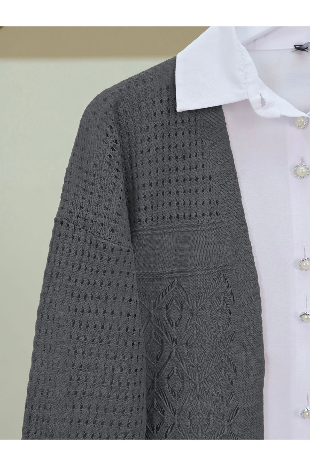 Ajurlu Mevsimlik Triko Hırka   -Füme