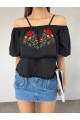 Gül Nakışlı Güpürlü İp Askılı Tişort -Siyah