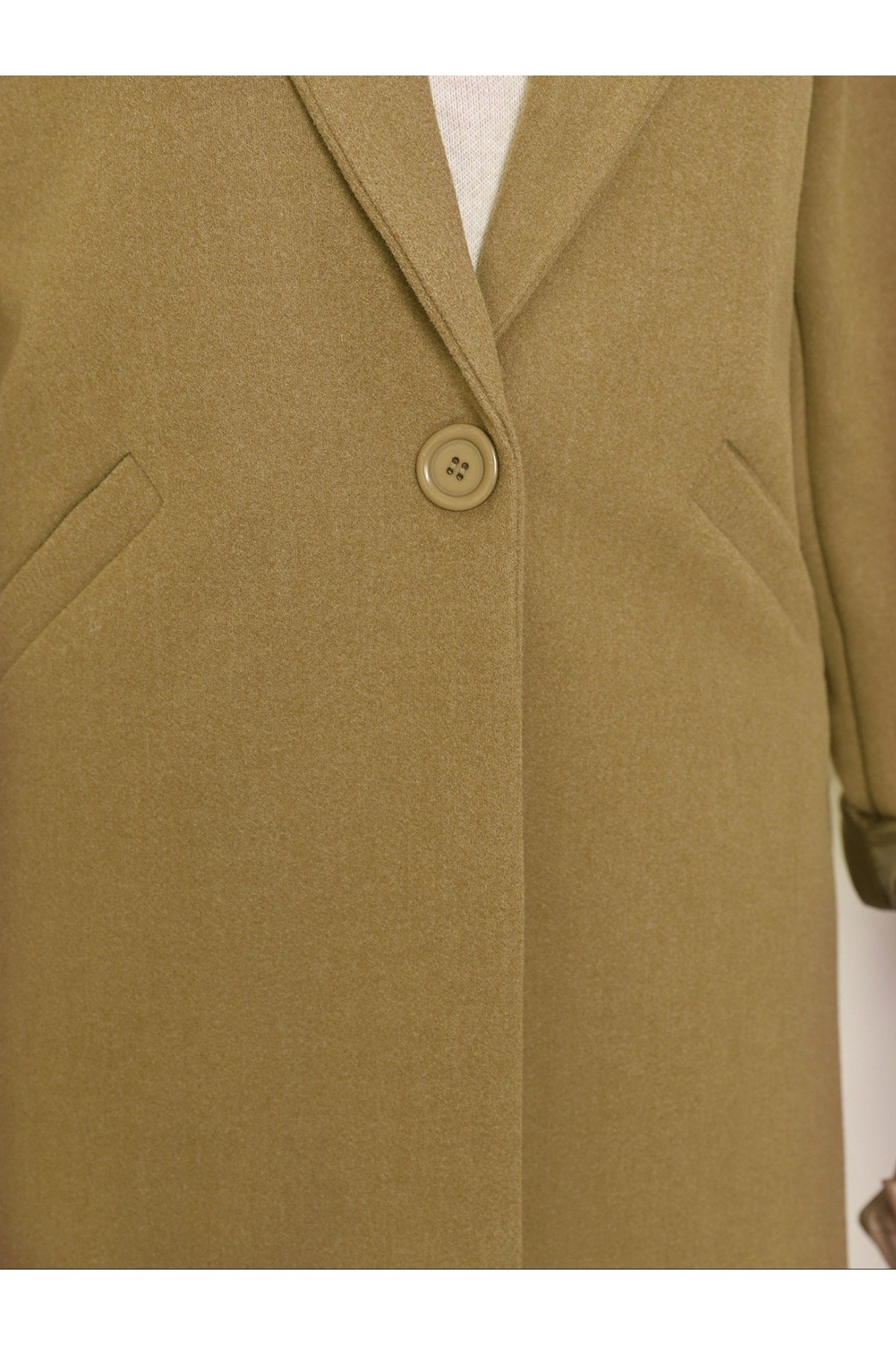 Tek Düğmeli Astarlı Kışlık Kaşe Kaban -Hardal