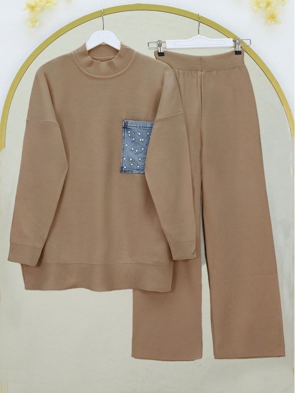 Tek Cepli İncili Triko Takım -Vizon