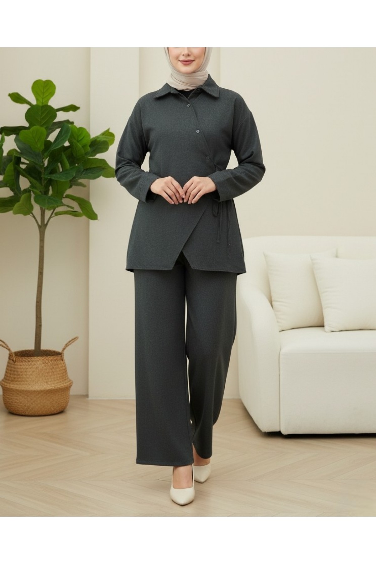 Çapraz Düğmeli Yandan Bağlamalı Yün Efekt Takım  -Antrasit