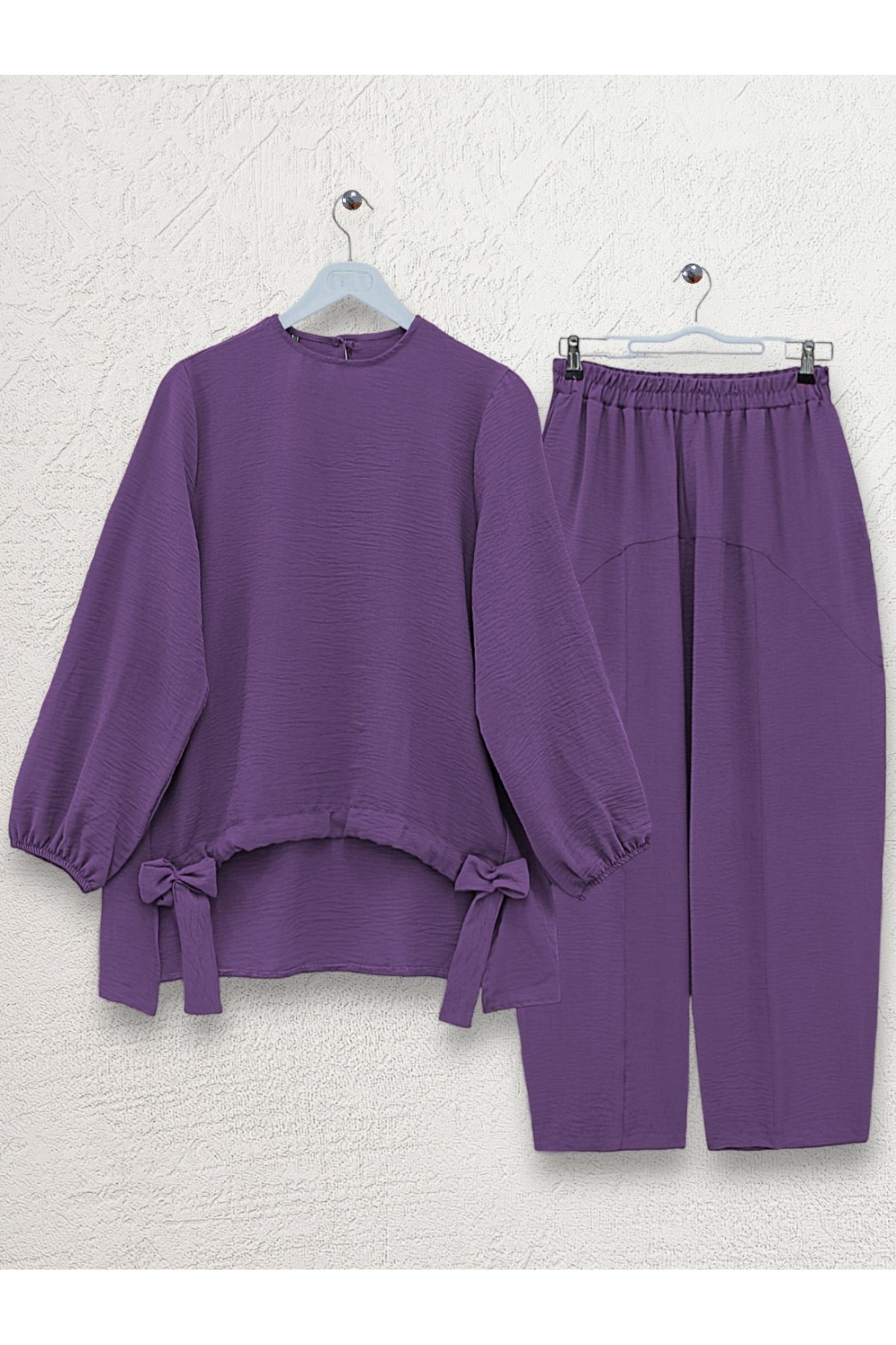 Önden Büzmeli Şalvar Pantolon Ayrobin Salaş Takım   -Lila