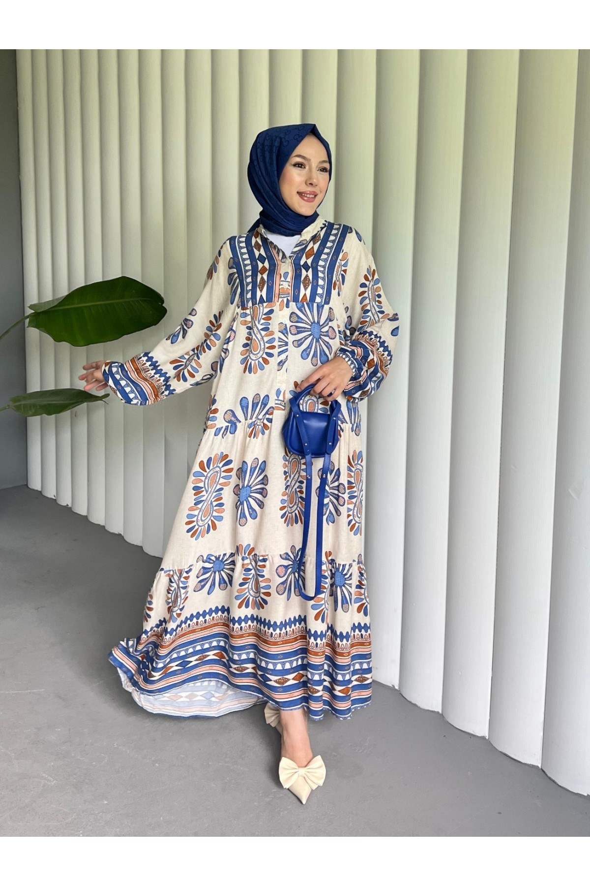 Dik Yaka Yarım Düğmeli Karışık Desen Parçalı Elbise -İndigo