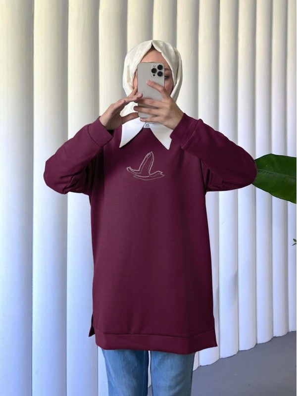Kuş Desenli Taşlı Oysho Tunik  -Bordo