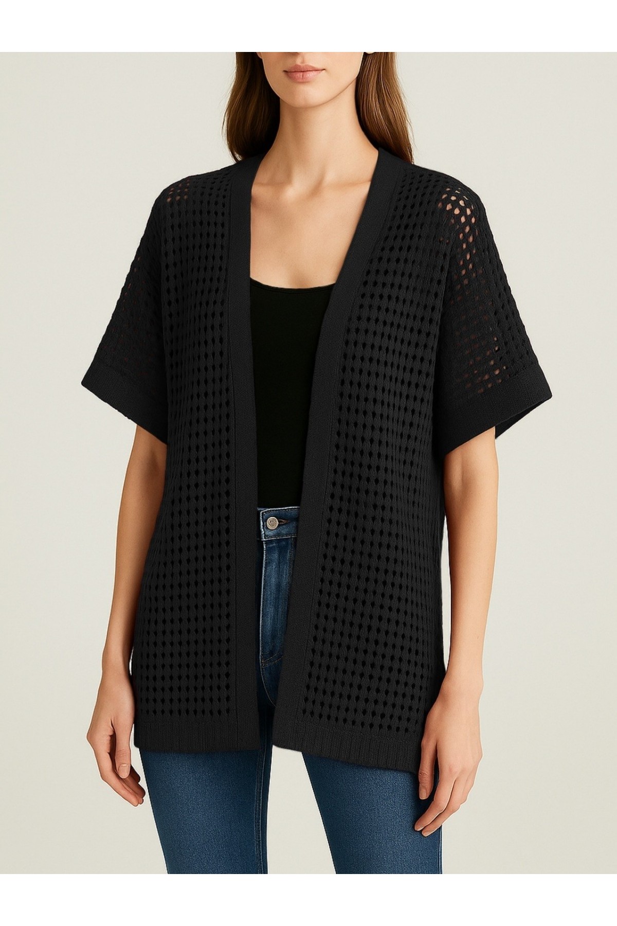 Yarasa Yarım Kol Ajurlu Triko Hırka -Siyah