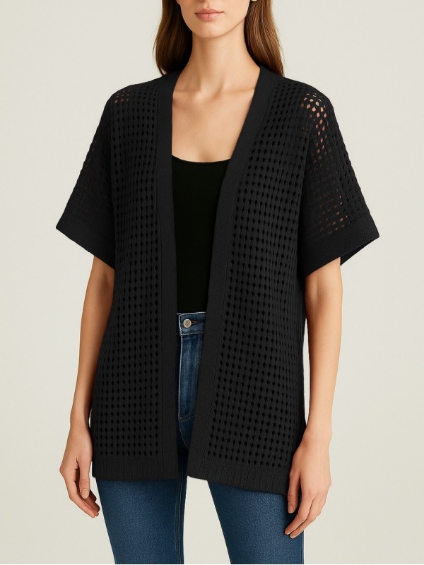 Yarasa Yarım Kol Ajurlu Triko Hırka -Siyah