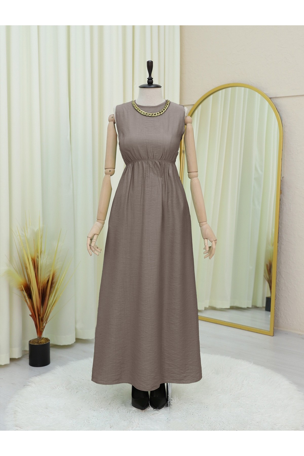 Metal Düğmeli Beli Bağlamalı Gömlek Jile Elbise  -Toprak